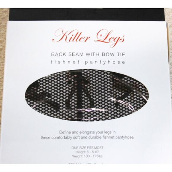 Killer Legs Black Fishnet Pantyhose with Back Seam and Bow Tie One Size New - Picture 7 of 8